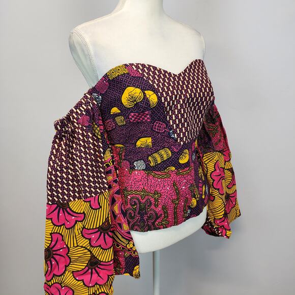 Womens African Ankara Top Size S Flare Sleeve Multicolor Handmade Psychedelic - Picture 4 of 13
